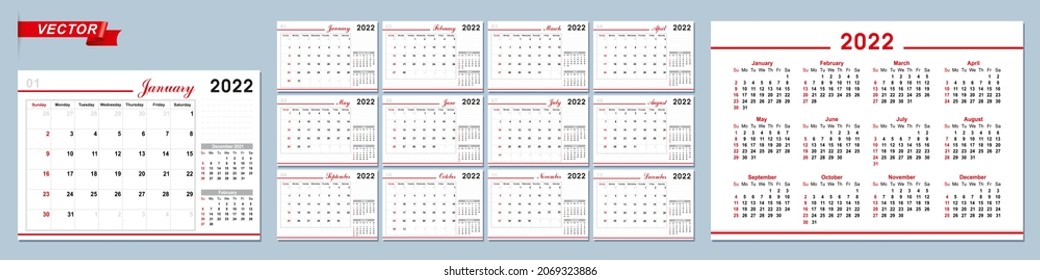 Plantilla de calendario de pared para 2022 año. Diario de planificación de estilo minimalista. Planificador de eventos de vacaciones, Semana empieza el domingo. Calendario mensual listo para la impresión en tamaño A2 A3 A4 A5.