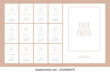 Wall calendar template for 2022 year. Set of 12 months. 2023. Concept, vector editable calender page template for photo. Planner design. Vertical.