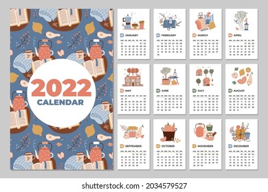 Wall calendar template. 2022 Yearly Planner with all Months. Cozy Organizer and Schedule. Cute home interior elements background. Flat vector illustration in trendy style. 7x11 inch