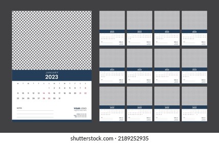 Plantilla de calendario de pared para 2023 años Diseño de ilustración vectorial, Calendario creativo corporativo y empresarial en estilo minimalista, Semana comienza el lunes, Plantillas verticales mensuales simples de 12 meses