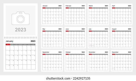 Wall calendar template for 2023 year. Holiday and event planner, week starts on Sunday. Size 12x12 inch. Vector template. svg