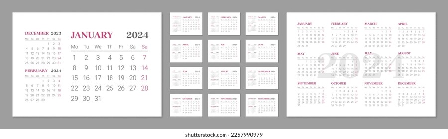 Wall calendar template for 2024 year in English in minimalist style. Corporate and business planner template, week starts on Monday, 12 months set. Monthly calendar ready for print vector illustration