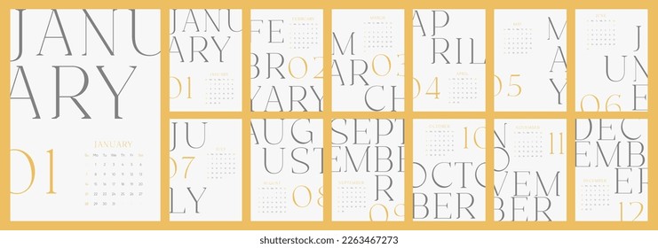 Wall calendar template for 2024 year. Week starts on Sunday. Boho typography design. Vintage decorative calendar. 2024 planner in retro typography style. English vector calendar.