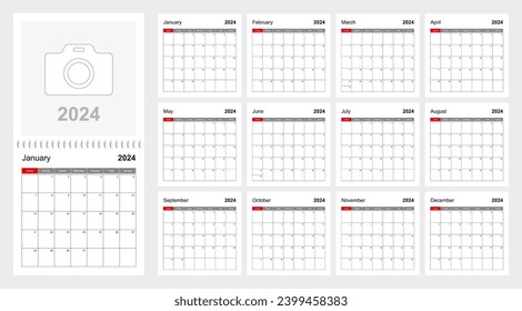 Wall calendar template for 2024 year. Holiday and event planner, week starts on Sunday. Size 12x12 inch. Vector template. svg