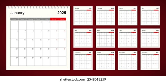 Wall calendar template for 2025 year. Holiday and event planner, week starts on Monday. Size 12x12 inch. Vector template.