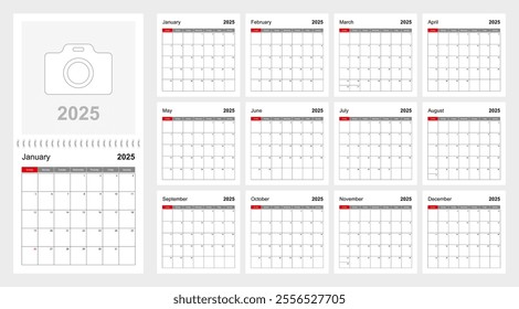 Wall calendar template for 2025 year. Holiday and event planner, week starts on Sunday. Size 12x12 inch. Vector template.