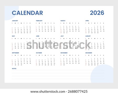 Wall calendar template for 2026. 1 page calendar layout for business company corporate.