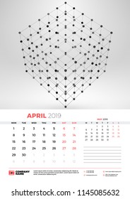 Wall calendar template for April 2019 with abstract geometric background. Week starts on Monday. Vector illustration