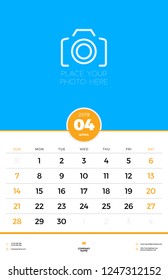 Wall calendar template for April 2019. Week starts on Sunday. Vector illustration