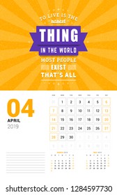 Wall calendar template for April 2019. Vector design print template with typographic motivational quote on orange textured background. Week starts on Sunday