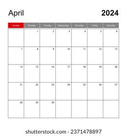 Wall calendar template for April 2024. Holiday and event planner, week starts on Sunday. Vector template.