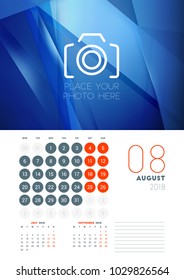 Wall calendar template for August 2018. Vector design print template with abstract background or place for photo. Week starts on Monday