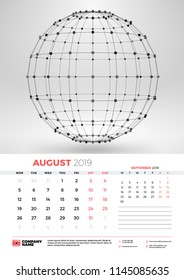 Wall calendar template for August 2019 with abstract geometric background. Week starts on Monday. Vector illustration