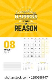 Wall calendar template for August 2019. Vector design print template with typographic motivational quote on yellow textured background. Week starts on Monday