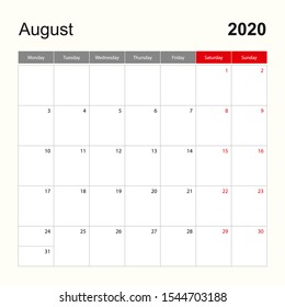 Wall calendar template for August 2020. Holiday and event planner, week starts on Monday. Vector template. 