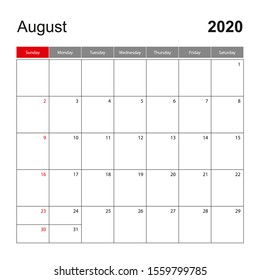 Wall calendar template for August 2020. Holiday and event planner, week starts on Sunday. Vector template.
