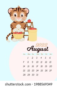Wall calendar template for August 2022. Year of the tiger to the Eastern Chinese calendar. Cute character in flat design.