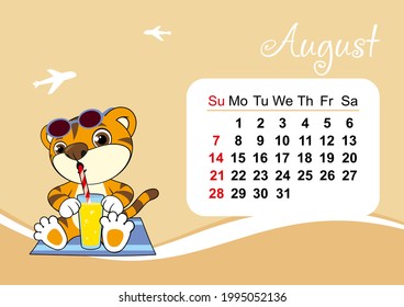 Plantilla de calendario de pared para agosto de 2022 en inglés. Año del tigre al calendario de China Oriental. Tigre lindo en diseño plano. La semana empieza en domingo. Tamaño A4 