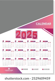 Plantilla de calendario de pared, calendario de Vector clásico para 2025. Diseño de calendario imprimible.