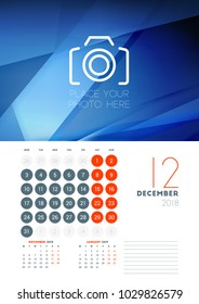 Wall calendar template for December 2018. Vector design print template with abstract background or place for photo. Week starts on Monday