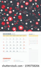 Wall calendar template for December 2020. Week starts on Sunday. Design template with cute floral pattern. Vector illustration