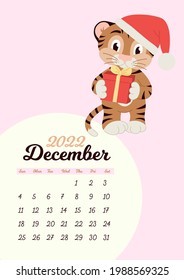 Wall calendar template for December 2022. Year of the tiger to the Eastern Chinese calendar. Cute character in flat design.