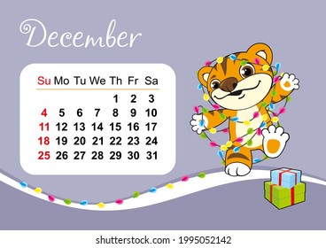 Plantilla de calendario de pared para diciembre de 2022 en inglés. Año del tigre al calendario de China Oriental. Tigre lindo en diseño plano. La semana empieza en domingo. Tamaño A4 