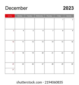 Plantilla de calendario de pared para diciembre de 2023. La semana comienza el domingo. Plantilla de vectores.