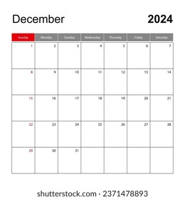 Wall calendar template for December 2024. Holiday and event planner, week starts on Sunday. Vector template.