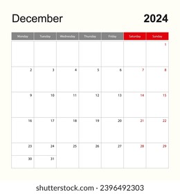 Wall-Kalender-Vorlage für Dezember 2024. Feiertag und Veranstaltungsplaner, die Woche beginnt am Montag. Vektorvorlage.