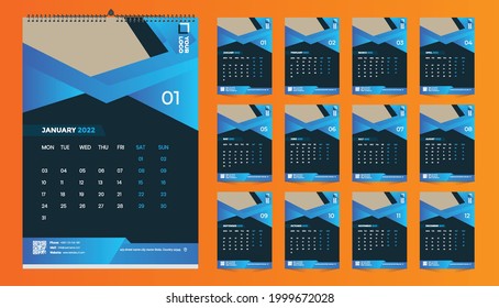 Wall calendar template design for 2022, year. Planner diary with Place for Photo.