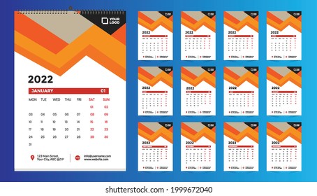 Wall calendar template design for 2022, year. Planner diary with Place for Photo.