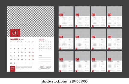 Wall Calendar Template Design for 2023 year, Monthly Creative Calendar Layout Vector illustration, Week starts Monday, Template for Annual Calendar 2023 with Graphic Element
