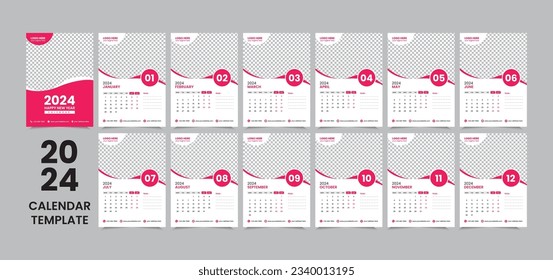 Wall Calendar Template Design for 2024, Week starts from Monday. Calendar design with Place for Photo and Company Logo. Simple, clean, and elegant design for 2024. Vector illustration. Set of 12 month