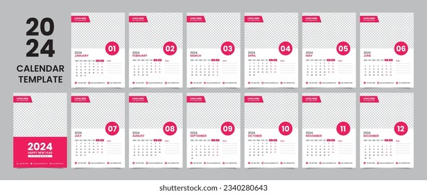 Wall Calendar Template Design for 2024, Week starts from Monday. Calendar design with Place for Photo and Company Logo. Simple, clean, and elegant design for 2024. Set of 12 months.
