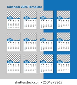 Diseño de Plantilla de calendario de pared para el año 2025, Ilustración vectorial mensual de diseño de calendario creativo, la semana comienza el día domingo, Plantilla para el calendario anual 2025 con elemento gráfico, Plantilla editable