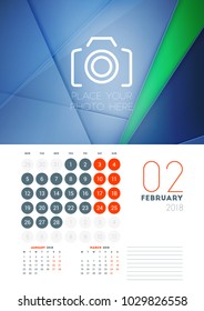 Wall calendar template for February 2018. Vector design print template with abstract background or place for photo. Week starts on Monday