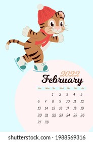 Wall calendar template for February 2022. Year of the tiger to the Eastern Chinese calendar. Cute character in flat design.