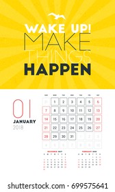 Wall Calendar Template for January 2018. Vector Design Print Template with Typographic Motivational Quote on Yellow Textured Background. Week starts on Sunday