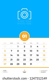 Wall calendar template for January 2019. Week starts on Sunday. Vector illustration