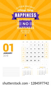 Wall calendar template for January 2019. Vector design print template with typographic motivational quote on orange textured background. Week starts on Sunday