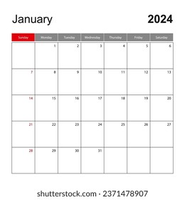 Wall calendar template for January 2024. Holiday and event planner, week starts on Sunday. Vector template.