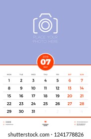 Wall calendar template for July 2019. Week starts on Monday. Vector illustration
