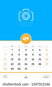 Wall calendar template for July 2019. Week starts on Sunday. Vector illustration