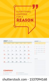 Wall calendar template for July 2020. Vector design print template with typographic motivational quote. Week starts on Sunday