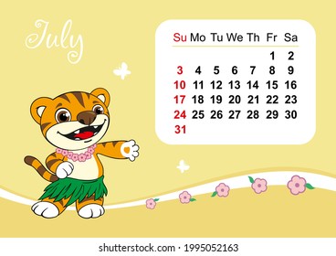 Wall calendar template for July 2022 in Englih. Year of the tiger to the Eastern Chinese calendar. Cute tiger in flat design. Week start in Sunday. In size A4 