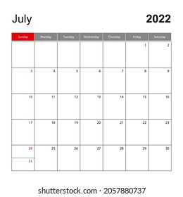 Wall calendar template for July 2022. Holiday and event planner, week starts on Sunday. Vector template.