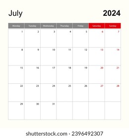 Wall calendar template for July 2024. Holiday and event planner, week starts on Monday. Vector template.