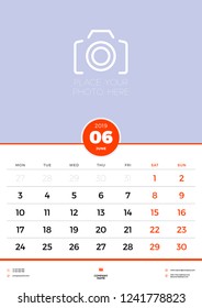 Wall calendar template for June 2019. Week starts on Monday. Vector illustration