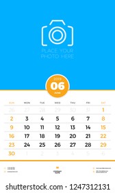 Wall calendar template for June 2019. Week starts on Sunday. Vector illustration